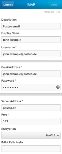 For "Username" and "Email Address" enter your email address. Enter your password, and for "Server Address", "posteo.de". Change the "Port" to "143" and for "Encryption" choose "StartTLS". 